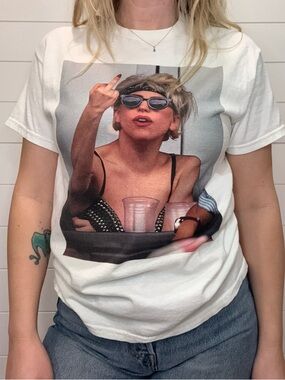 Gildan White Lady Gaga -Print Short Sleeve Tee